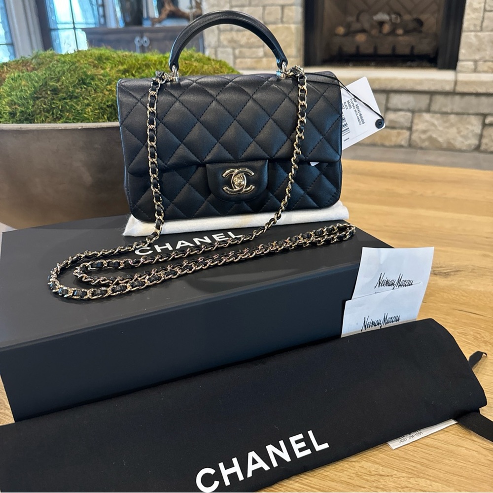 Authentic Chanel Mini Top Handle Fap Bag 24P Black